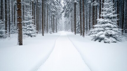 Snowy forest path in winter wonderland