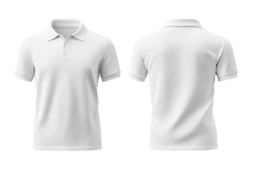 Two white plain polo t-shirts for a mockup. front and back view. transparent background