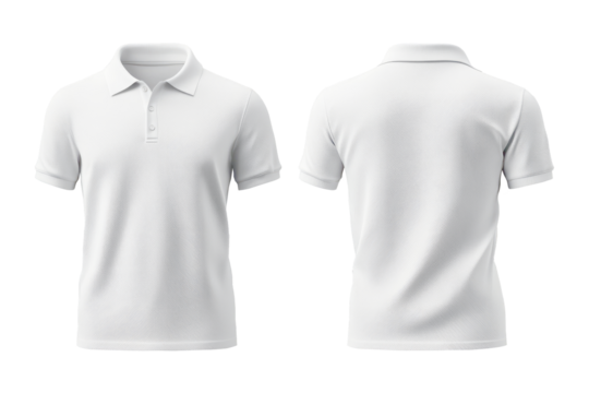 Two white plain polo t-shirts for a mockup. front and back view. transparent background