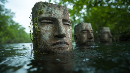 Fototapeta premium ancient stone faces in tranquil pond