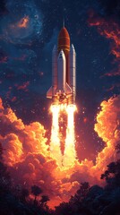 Fototapeta premium A space rocket launch in the desert, illustration style, digital art, high resolution, high detail, orange and blue tones, white clouds in background,
