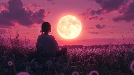 A young woman gazes at a radiant full moon in a purple-tinged sky.