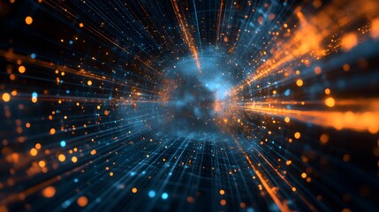 Naklejka premium Abstract digital background with blue and orange glowing particles in space.