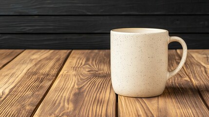 tumbler mockup and minimalist, A simple, rustic ceramic mug sits on a wooden table, showcasing its textured surface against a dark wooden backdrop.
