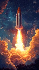 Fototapeta premium A space rocket launch in the desert, illustration style, digital art, high resolution, high detail, orange and blue tones, white clouds in background,