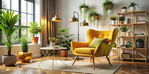 Fototapeta premium Modern Mustard Chair with Hairpin Legs and Side Table Aerial View - Stylish Home Decor Inspiration, Mid-Century Modern Furniture, Interior Design Trends, Cozy Living Spaces