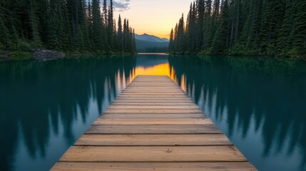 Fototapeta premium Serene mountain lake with wooden dock at sunset