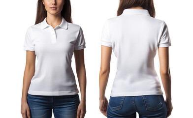 A woman is wearing a plain white polo shirt for the mockup. The background is transparent