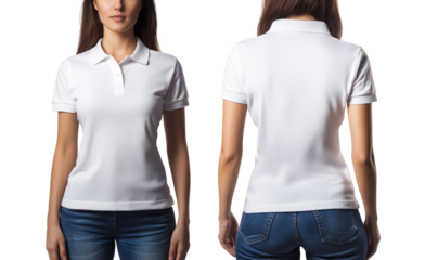 A woman is wearing a plain white polo shirt for the mockup. The background is transparent