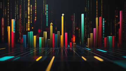 Obraz premium Abstract black background with 3D Colorful charts and graphs with statistics to innovative analyze business potential and forecast future development of companies growth.