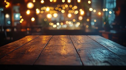 Rustic Wooden Tabletop In A Warmly Lit Bar Setting