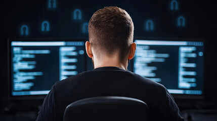 Fototapeta premium Cybersecurity professional analyzing data on multiple screens, focused on network security. environment is dark, highlighting screens with code and security icons