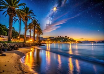 Obraz premium Night Photography of Silgar Beach in Sanxenxo - Vibrant Coastal Scene with Starry Sky and Reflections on Water, Perfect for Travel and Nature Enthusiasts