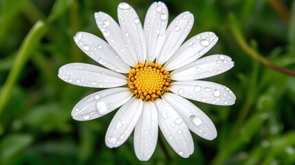 Obraz premium Close-up of a dew-covered white daisy with a yellow center against a blurred green background.