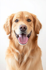 Obraz premium Happy golden retriever with joyful expression and friendly demeanor. This adorable dog showcases its beautiful golden fur and bright eyes, perfect for pet lovers