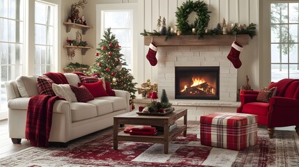 Fototapeta premium Cozy living room with festive decor, featuring a fireplace and a Christmas tree.