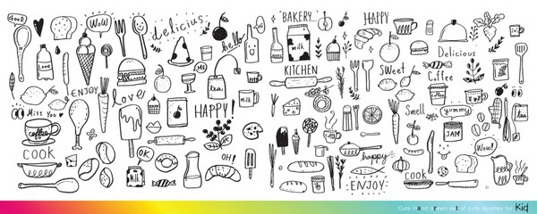 Food doodles,Foods doodles hand drawn sketchy vector symbols and objects