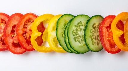 A colorful array of freshly sliced vegetables, Including crisp cucumbers, vibrant bell peppers