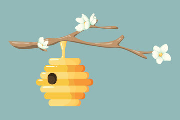 Yellow honey beehive on a branch with spring flowers. Summer illustration. Vector illustration.	