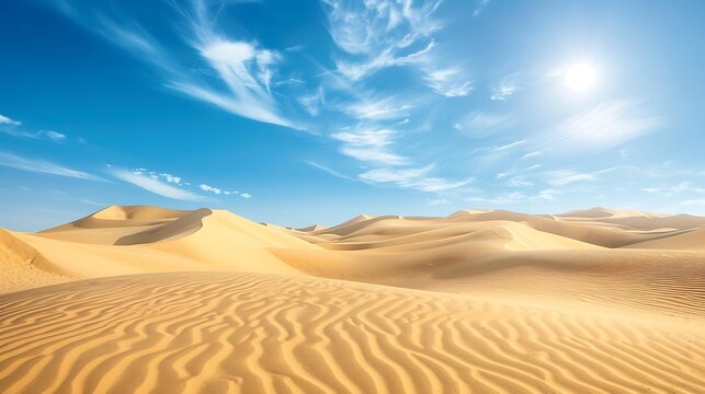 A vast desert landscape with rolling sand dunes under a bright, clear blue sky.