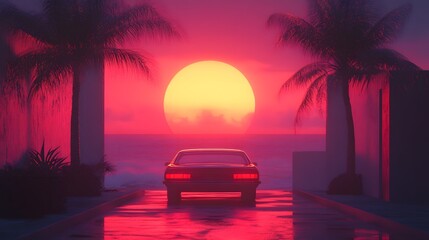 Classic black car silhouetted against a vibrant sunset over the ocean.