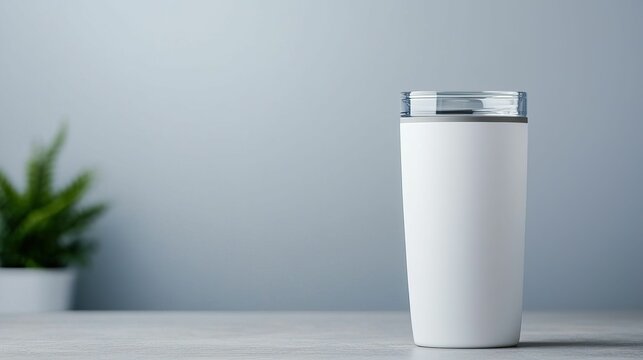 tumbler mockup and minimalist, A clean, modern white travel mug stands on a light surface, accompanied by a small green plant against a soft blue background.