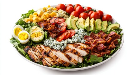 A colorful Cobb salad with mixed greens, grilled chicken breast, hard-boiled eggs