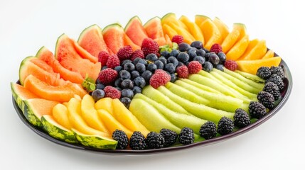 A colorful fruit platter with a variety of sliced melons, berries, and grapes