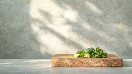 fresh green salad leaves on wooden cutting board