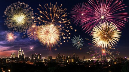 Fototapeta premium Fireworks over a city skyline at night.