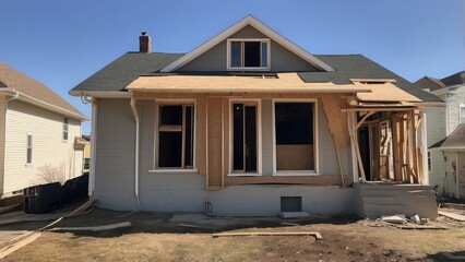 An outside picture of a home that is being renovated, displaying exposed framework and damaged siding.