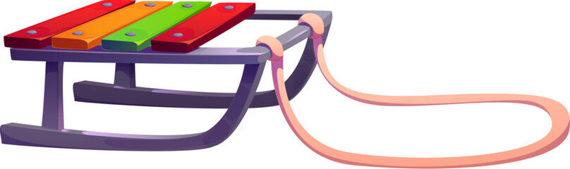 Cartoon wood sled for winter Christmas holiday fun. Isolated vector kids sleigh with low seat made of brightly colored planks, curved runners and a rope for easy pulling and gliding down snowy hills © Vector Tradition