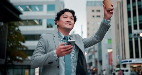 Asian man, calling and city with phone for transport service, travel or commute on pavement or sidewalk. Japanese, businessman or employee hailing with mobile smartphone or coffee for lift or taxi