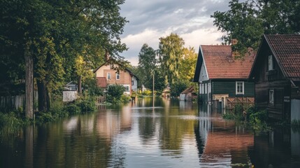 Fototapeta premium Flooded street with houses surrounded by water.