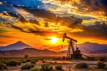 Naklejka premium Silhouette of an Old Oil Rig Against a Desert Mountain Landscape at Sunset, Capturing the Beauty of Industrial Decay and Natural Wonders