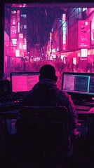 Obraz premium A focused male figure working on multiple screens in a neon-lit urban setting.