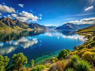 Fototapeta premium Tranquil Lake Hawea Serenity: Scenic Views of Water, Mountains, and Lush Landscapes for a Peaceful Escape in New Zealand's Natural Beauty