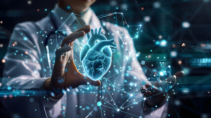 Medicine doctor with stethoscope touching icon heart and diagnostics analysis medical on modern virtual screen interface network connection. Medical technology diagnostics of heart