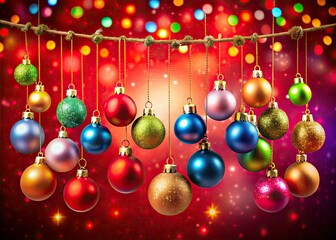 Fototapeta premium Stunning Long Exposure of Hanging Christmas Balls Decoration Isolated on Red Background for Festive Celebrations and Holiday Greetings