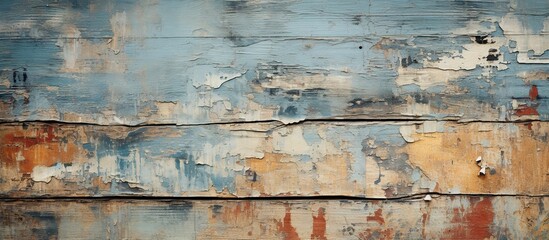 Obraz premium Abstract texture of weathered wood with peeling paint in various colors.