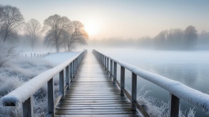 Naklejka premium With frost-covered railings and a calm, chilly ambiance in a winter setting, a long, frozen bridge extends into a foggy winter