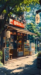 Charming traditional Japanese shop with vibrant colors and lush greenery surrounding it.