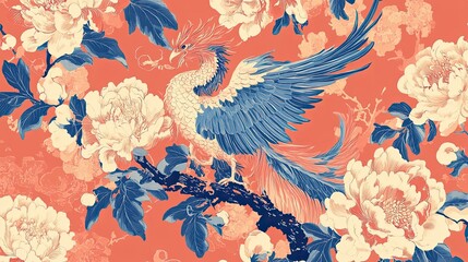 A Vibrant Phoenix Bird with Blue and Red Feathers Resting in a Field of Peach-Colored Flowers