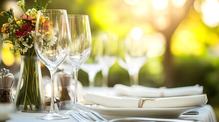 Elegant outdoor table setting with wine glasses, flowers, and plates in a sunlit garden.