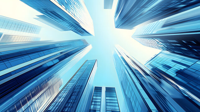 Modern skyscrapers of a smart city, futuristic financial district, graphic perspective of buildings and reflections - Architectural blue background for corporate and business broc