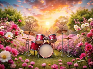 Surreal Pink Flower Garden with a Drum Set: Dreamy Floral Landscape and Musical Harmony