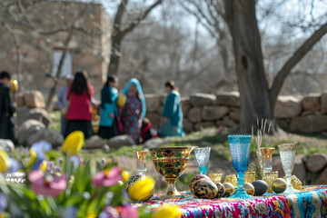 Fototapeta premium A vibrant table setting for a cultural celebration, adorned with colorful items and flowers.