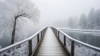  With frost-covered railings and a calm, chilly ambiance in a winter setting, a long, frozen bridge extends into a foggy winter
