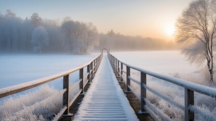 Naklejka premium With frost-covered railings and a calm, chilly ambiance in a winter setting, a long, frozen bridge extends into a foggy winter