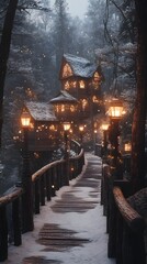 Magical snowy pathway leading to a warmly lit cabin in a forest.